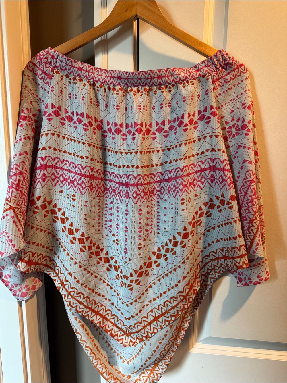 BCBGMaxAzria Cream Off-Shoulder Top with Pink & Orange Geometric Print